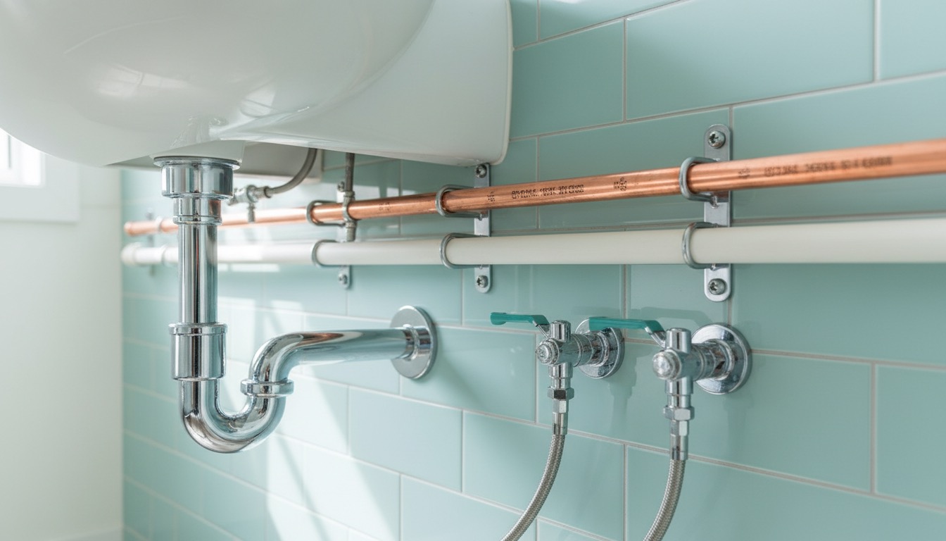 Clean new copper and PVC plumbing with shutoff valves